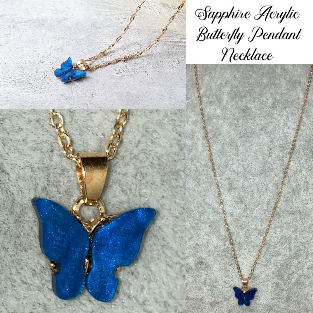 3-$15 Regal Sapphire Acrylic Butterfly Pendant Necklace